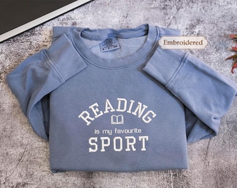 Sudadera bordada "Leer es mi deporte favorito", sudadera vintage de lectura, regalos para amantes de los libros, amantes de los libros, ratones de biblioteca y bibliotecarios.