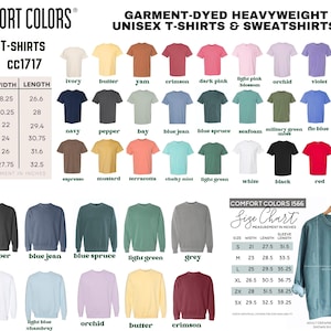 The image is a color chart for various sizes of T-shirts and sweatshirts, displaying a range of colors from white to dark pink.