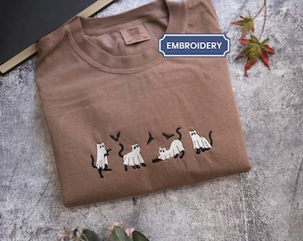 EMBROIDERED Black Cat Sweatshirt, Pumpkin Jack O' Lantern, Cat Ghost Shirt, Gift For Cat Lovers, Fall Sweatshirt for Women and Men, Crewneck