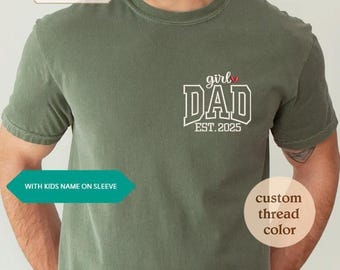 Camiseta, sudadera o sudadera con capucha bordada con los colores de "Dad Comfort Colors": nombres de los niños en la manga, regalo personalizado para el Día del Padre.