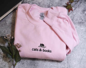 Embroidered Cats and Books Shirt, Book Lover T-shirt, Bookish Comfort Colors®  shirt, Gift for Cat Lover, Bookish Gift, Librarian Shirt