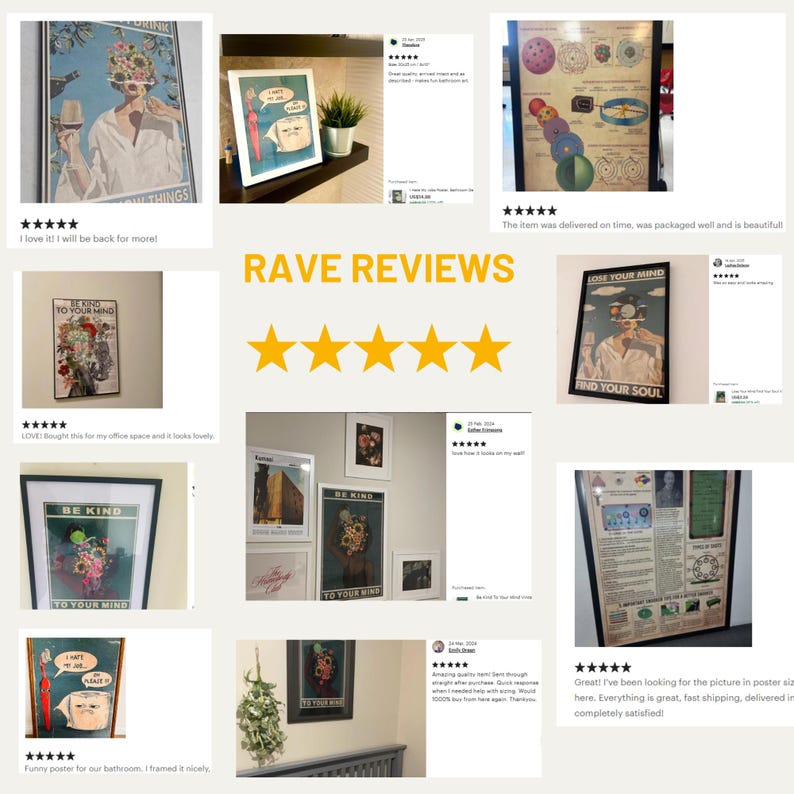 a bunch of framed pictures on a wall