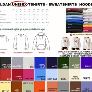 The image is a collage of various colored t-shirts and hoodies, along with size and color recommendations for different body types.