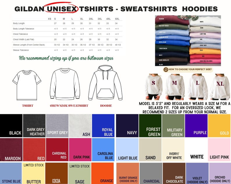 The image is a collage of various colored t-shirts and hoodies, along with size and color recommendations for different body types.