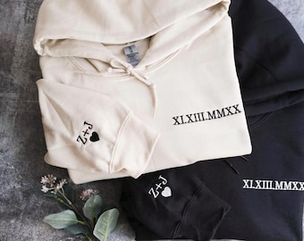 Custom Embroidered Roman Numeral Hoodie • perfect gift for couple • Personalize with sleeve initials • Great for Engagements & Anniversaries