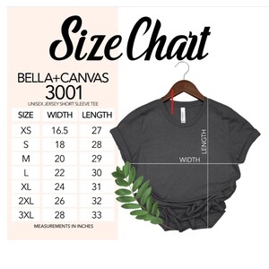 Pode incluir: Tabela de tamanhos para a camiseta de manga curta de jersey unissex Bella + Canvas 3001. A tabela mostra as medidas de largura e comprimento em polegadas para os tamanhos XS a 3XL.