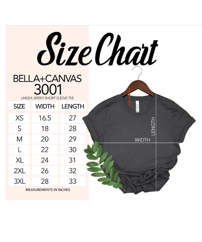 Pode incluir: Tabela de tamanhos para a camiseta de manga curta de jersey unissex Bella + Canvas 3001. A tabela mostra as medidas de largura e comprimento em polegadas para os tamanhos XS a 3XL.
