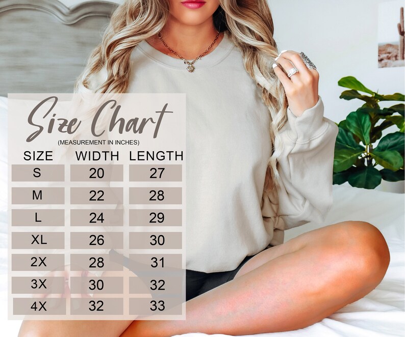 May include: Size chart for a sweatshirt, showing measurements in inches for width and length, for sizes S through 4X.