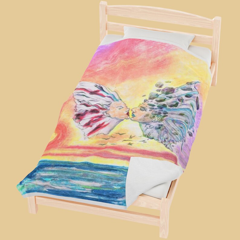 Artistic Bird & Fish Ever After Lovers Velveteen Plush Throw Blanket