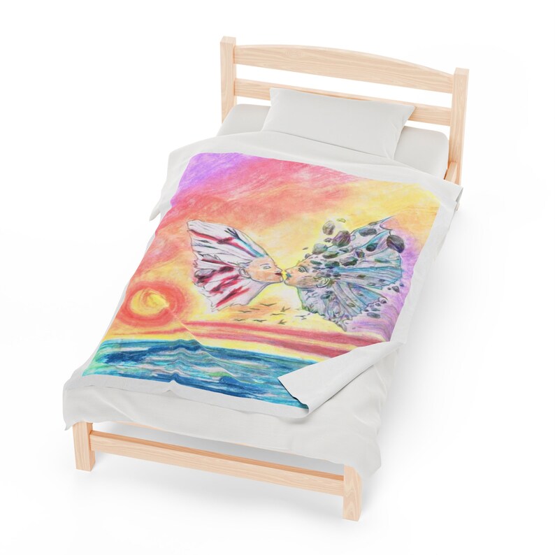 Artistic Bird & Fish Ever After Lovers Velveteen Plush Throw Blanket