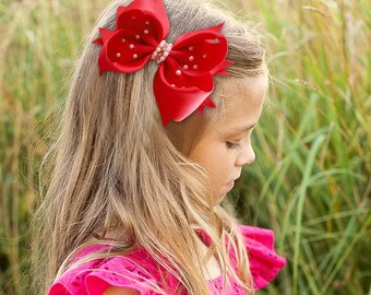 Silk satin beaded hair bow for little girls, satin bow clip, hair bow for girls, bow clip, hair accessories - Ready to ship