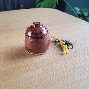 Peut inclure: Un petit pot en céramique rouge avec un couvercle. Le pot est recouvert d'un glaçage noir et a une finition mouchetée. Le pot est posé sur une table en bois.