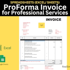 May include: A black and white pro forma invoice template for professional services. The template is designed for use with Excel or Google Sheets. The template includes fields for company name, address, invoice number, invoice date, customer ID, due date, item description, quantity, unit price, and total amount. The template also includes a section for other comments and a section for direct inquiries.