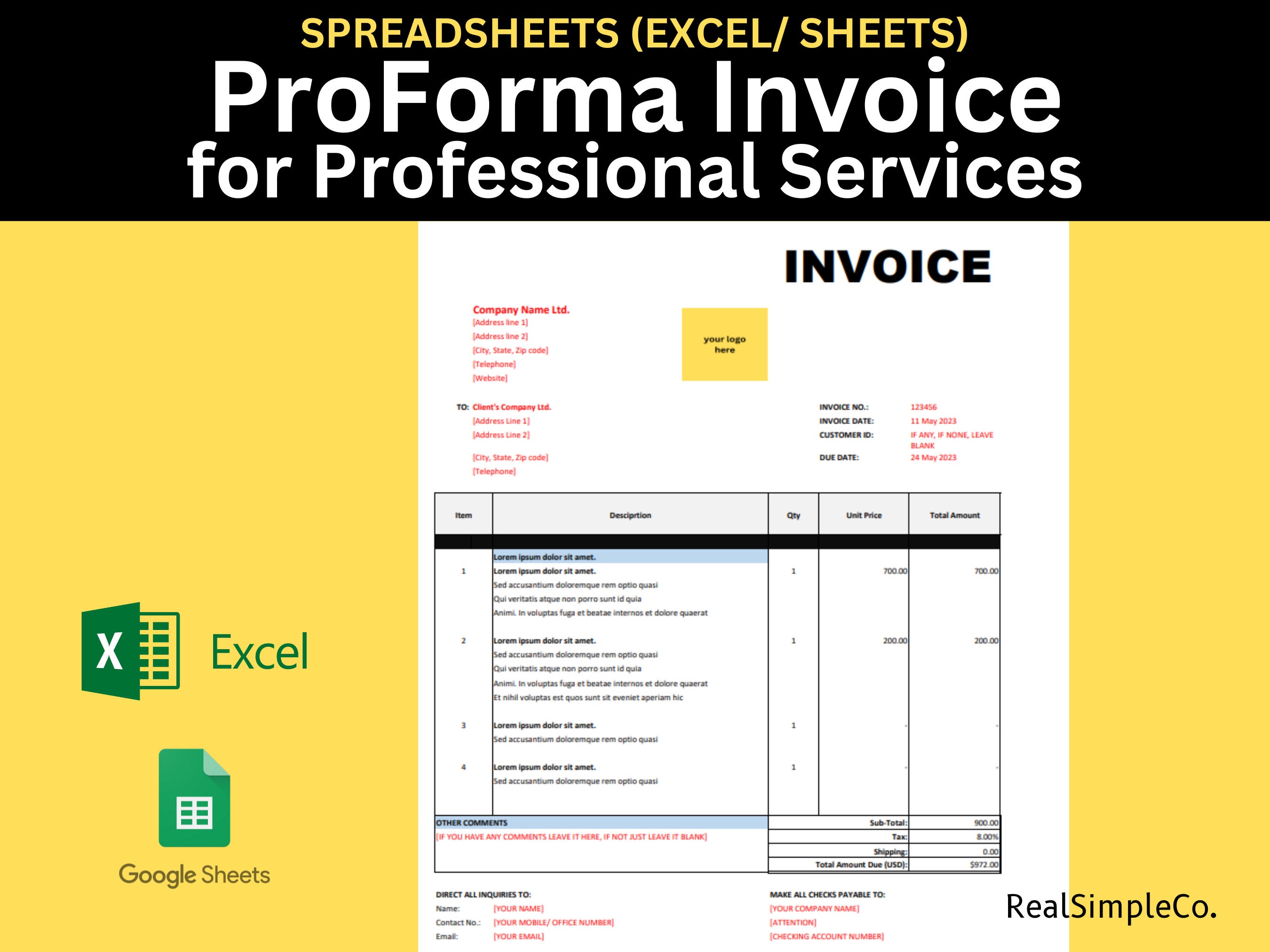 Proforma Invoice for Professional Services | Invoice Template for ...