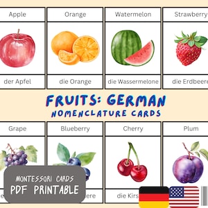Fruits Flash Cards in German & English Bilingual | 29 Montessori Cards | 3 Part Cards Nomenclature Cards | Printable PDF Cards