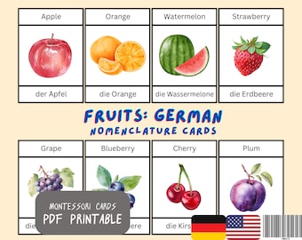 Fruits Flash Cards: German & English Montessori Cards (Printable PDF)