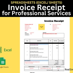 May include: A digital invoice receipt template for professional services. The document includes fields for company details, client information, itemized descriptions, and payment methods. The image also shows the Excel and Google Sheets logos.