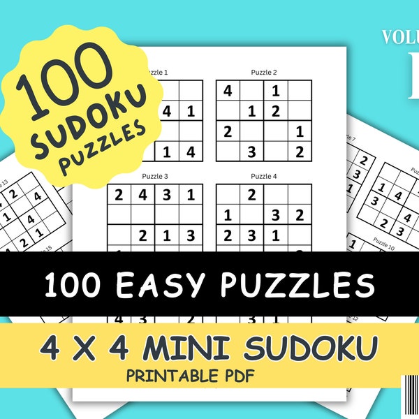 Mini-puzzles Sudoku imprimables | 100 grilles PDF Mini puzzles Sudoku classiques 4X4 faciles | Niveau Facile Volume 1 | Numérique | Téléchargement instantané