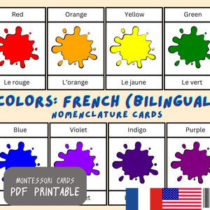 Colors Flash Cards in French & English Bilingual Beginner | 20 Montessori Cards | 3 Part Cards Nomenclature Cards | Printable PDF Cards