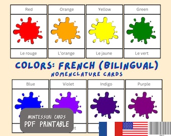 French English Colors Flash Cards: Montessori Bilingual Learning (Printable PDF)