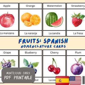 Fruits Flash Cards en espagnol et en anglais bilingues | 29 cartes Montessori | Cartes en 3 parties Cartes de nomenclature | Cartes PDF imprimables