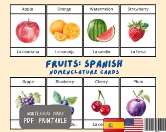 Fruits Flash Cards: Spanish & English Montessori Cards (Printable PDF)