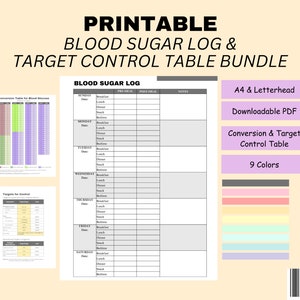 Blood Sugar Log Printable Bundle | Blood Glucose Conversion & Target Control Table for Gestational Pregnancy and Type 2 Diabetes | PDF