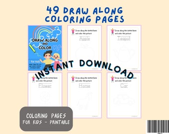 Draw Along Coloring Pages: 49 Kids Traceable Worksheets (Digital Download)