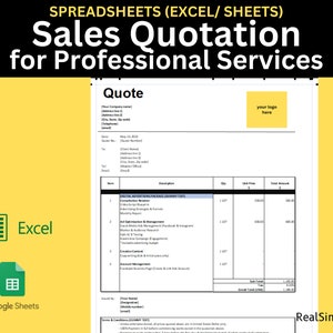 May include: A sales quotation template for professional services, designed for use in Excel or Google Sheets. The template includes sections for company information, client details, services, pricing, and terms and conditions. The template is titled "Sales Quotation for Professional Services".