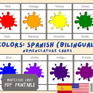 Colors Flash Cards in Spanish & English Bilingual Beginner | 20 Montessori Cards | 3 Part Cards Nomenclature Cards | Printable PDF Cards