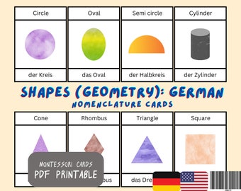German English Shapes Flash Cards: Montessori Geometry (Printable PDF)