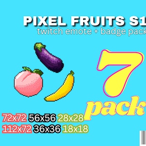 7 Fruits in Retro Pixel Art | Twitch Emotes Pack and Sub Badges | Pixel Fruits | Fruit Twitch Emotes and Badges | Bonus Donut Pixel Art