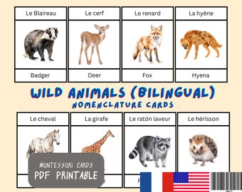 Wild Animal Flash Cards in Französisch & Englisch Zweisprachig | 24 Montessori Karten | 3 Teilige Karten Nomenklatur Karten | Druckbare PDF Karten