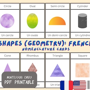 Shapes Flash Cards in French & English Bilingual | 17 Montessori Cards Geometry | 3 Part Cards Nomenclature Cards | DIY | Printable PDF