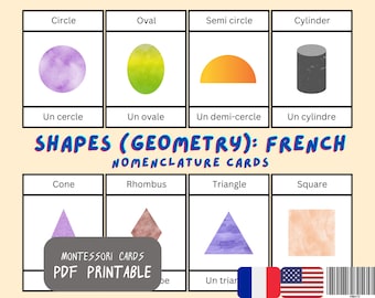 French English Shapes Flash Cards: Montessori Geometry (Printable PDF)