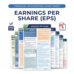Może przedstawiać: Zestaw arkuszy kalkulacyjnych z rachunkowości finansowej zatytułowanych "Earnings Per Share (EPS)". Arkusze są białe z niebieskim i czarnym tekstem, w tym "IFRS Based" i "PDF 8 Pages". Główny tytuł brzmi "Financial Accounting Cheat Sheet".