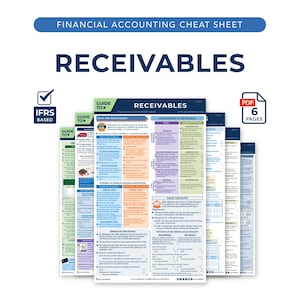 Może przedstawiać: Stos sześciu arkuszy kalkulacyjnych z rachunkowości finansowej zatytułowanych "Receivables". Górny arkusz ma tytuł dużymi, pogrubionymi literami. Arkusze są oparte na MSSF i zawierają sekcję "Przewodnik po". Ikona PDF wskazuje 6 stron.