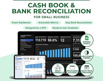 Modello di contabilità Google Sheets per piccole imprese con registro di cassa e riconciliazione bancaria (download immediato)
