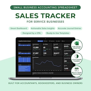 May include: A laptop displays a "Sales Tracker" spreadsheet for service businesses. The screen shows financial data, including service revenue, number of orders, and gross profit. Features include a smart dashboard, actionable sales insights, and ready-to-use templates.