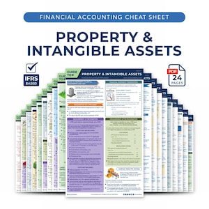 Może przedstawiać: Stos arkuszy kalkulacyjnych z rachunkowości finansowej zatytułowanych "Nieruchomości i aktywa niematerialne". Arkusze są oznaczone kolorami i zawierają tekst, diagramy oraz tekst "IFRS Based". Obrazek pokazuje również ikonę "PDF 24 strony".