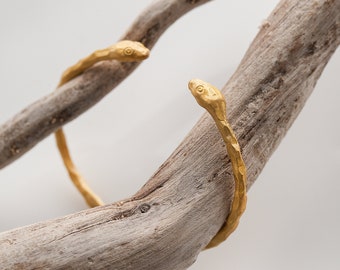 Snake Cuff Bracelet, Gold Plated Silver Unique Serpent Bangle Gift for Her, Handmade Jewelry