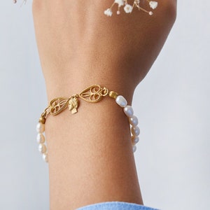 Armenian Jewelry Goddess Anahit Bracelet - Handmade Gold Plated Silver with Pearls, Perfect Mother's Day Gift for Her