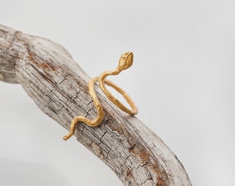 Serpent Ring - Adjustable Gold Plated Sterling Silver, Textured Serpentine Style, Ethnic Ancient Jewelry