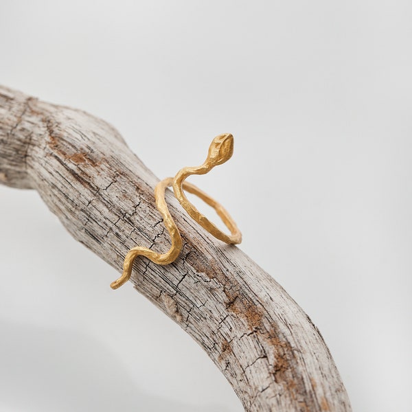 Serpent Ring - Adjustable Gold Plated Sterling Silver, Textured Serpentine Style, Ethnic Ancient Jewelry