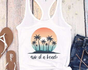 Sun of a Beach Summer Pun Retro Sunset Palm Tree Next Lever Racerback Tank Top