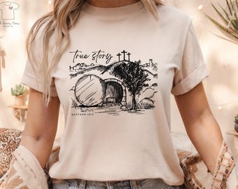 True Story Empty Tomb Bible Verse Matthew 28:6 Christian Easter Bella Canvas Crewneck TShirt