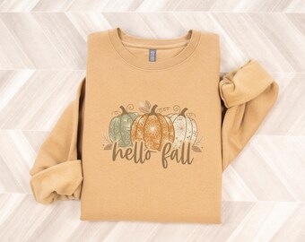 Hello Fall Seasonal Pumpkin Crewneck Cotton Heritage Premium Sweatshirt