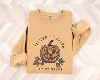 Carved By Faith Lit By Grace Jack O Lantern Seasonal Christian Premium Crewneck Cotton Heritage Sweatshirt, Christian Gift