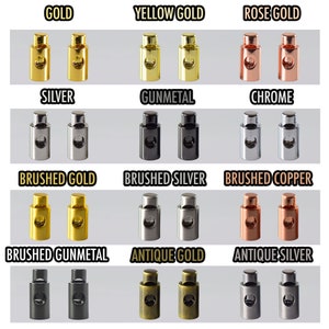 Puede incluir: Una variedad de terminales de cordón de metal en diferentes acabados, incluyendo oro, plata, bronce, oro cepillado, plata cepillada, cobre cepillado, oro antiguo y plata antigua.