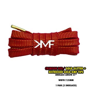May include: Crimson red shoelaces with gold glitter and distressed gold KMF tips. The shoelaces are 51 inches long and 7.25mm wide. The image shows a pair of shoelaces with the KMF logo.